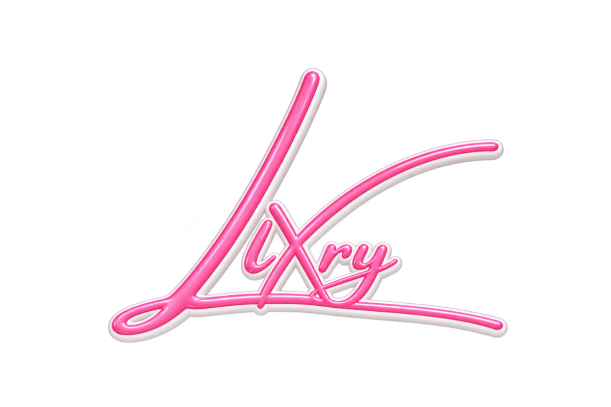 A stylized pink cursive logo reading 'Lixry' with a glossy 3D effect and white outline, centered on a solid black background.